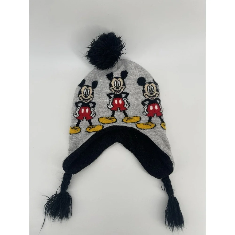 Disney Mickey‎ Mouse Gray Black Pom Beanie Hat One Size Character Theme